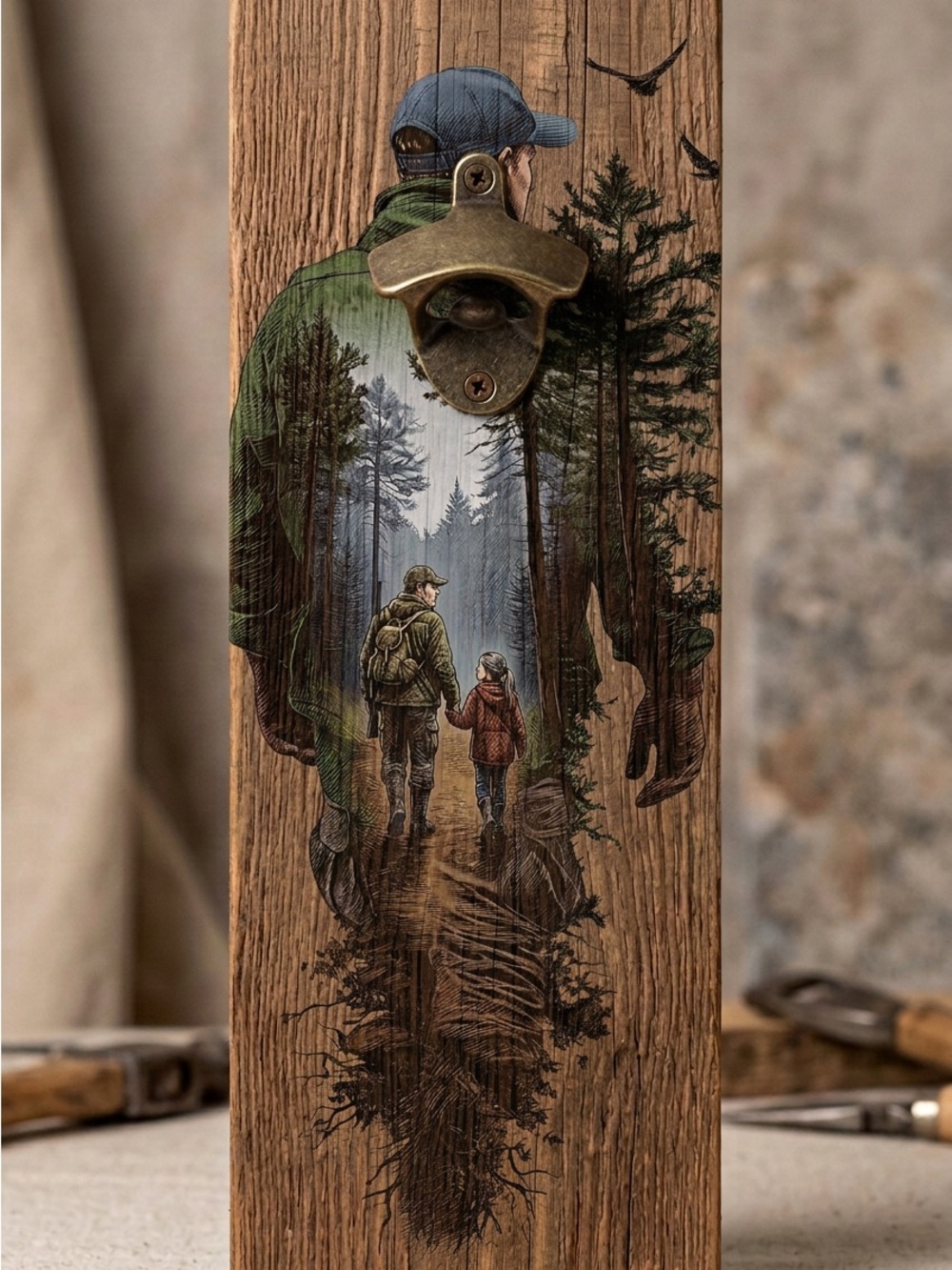 Hand-Painted Woodland Wall Bottle Opener in Green and Brown